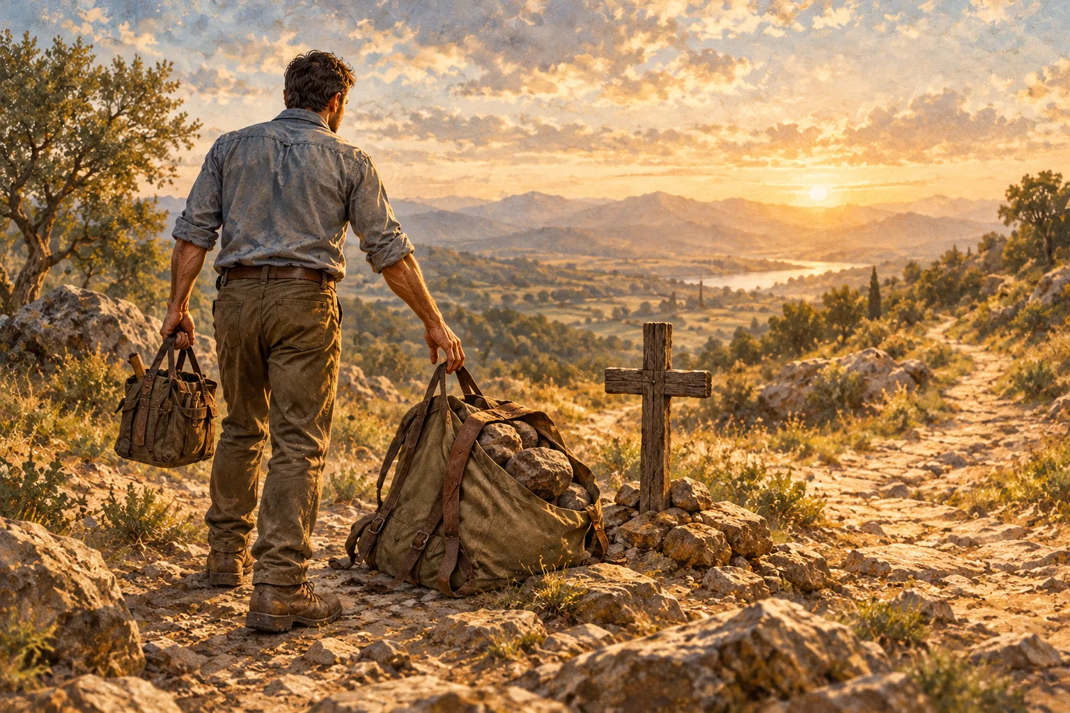 A man sets down a stone-filled pack beside a small wooden cross while keeping a modest tool satchel for the work ahead.